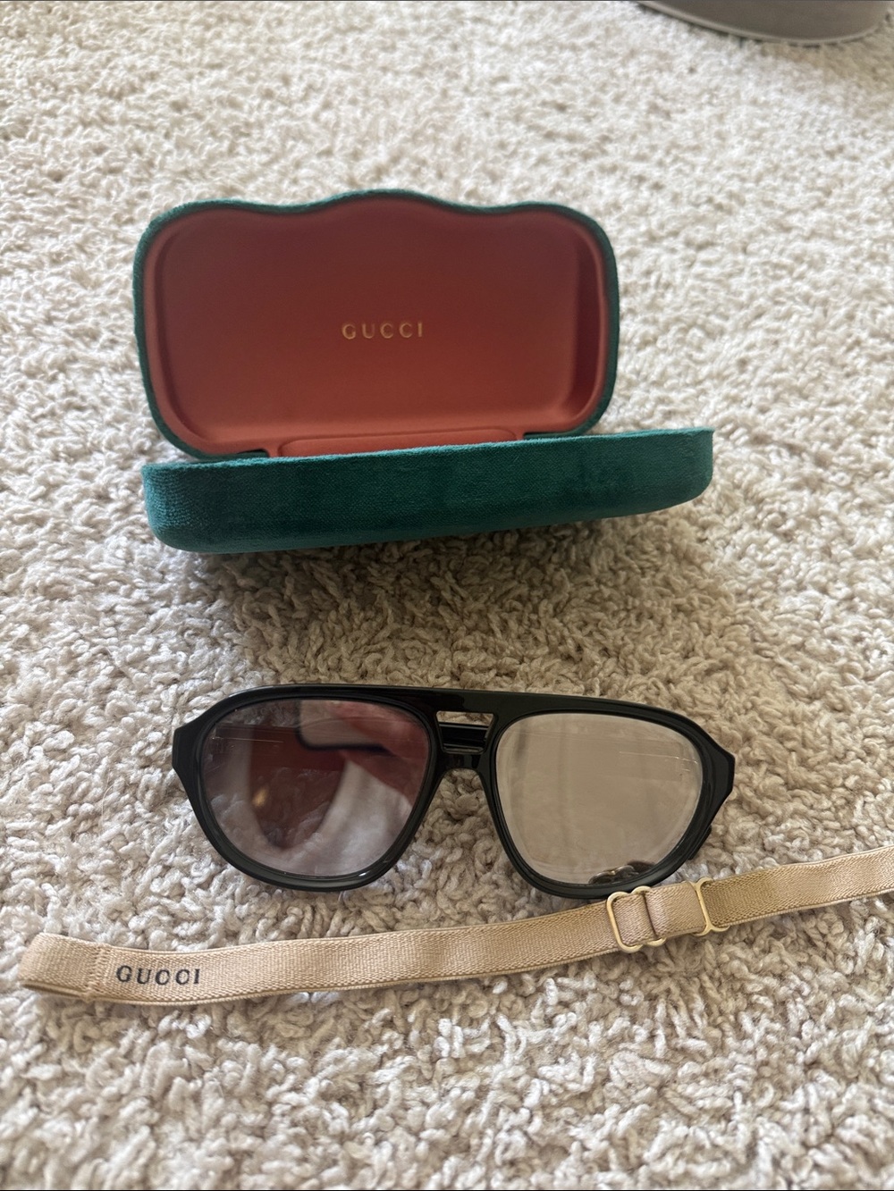 Gucci Black Sunglasses with Green Velvet Case and Beige Strap